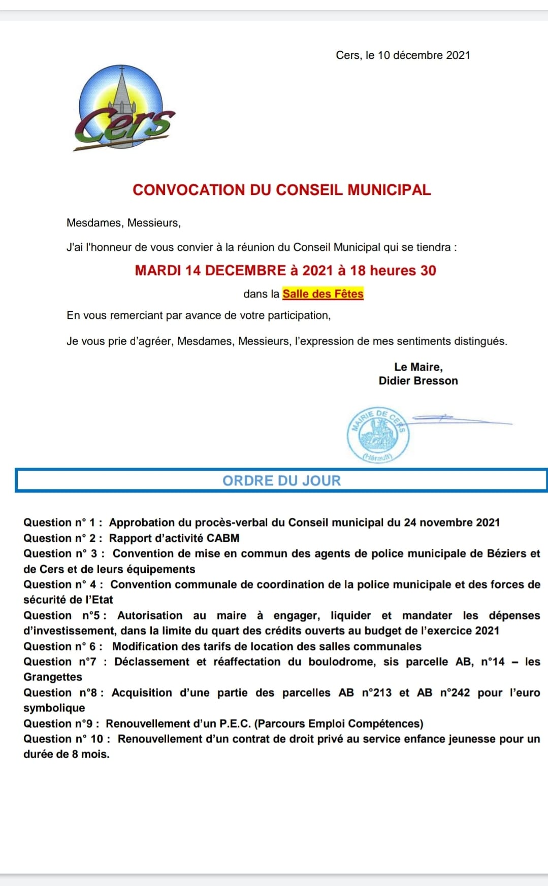 You are currently viewing Conseil municipal : 14 décembre 2021