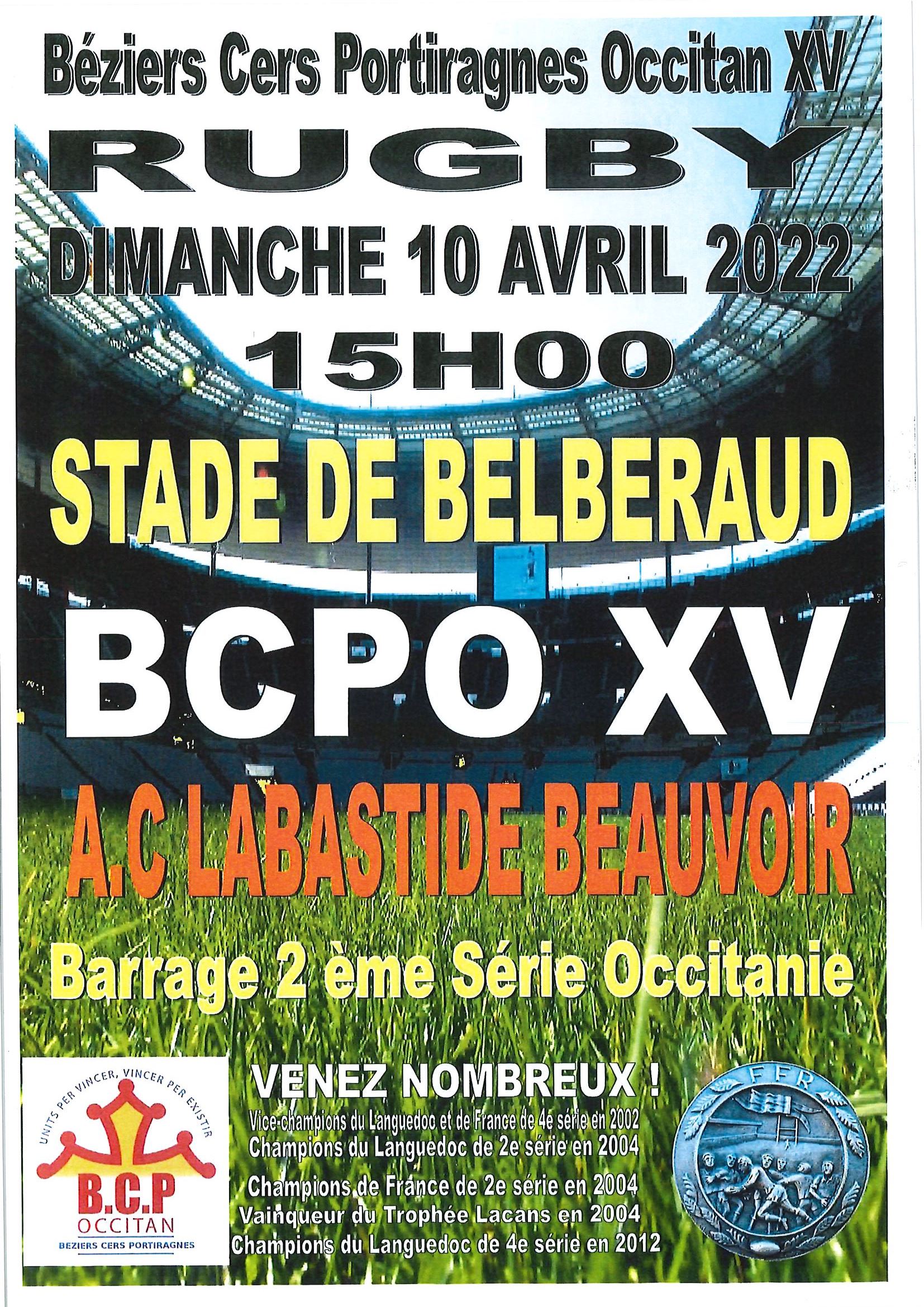 You are currently viewing Le BCPO XV dispute un match ce dimanche 10 avril