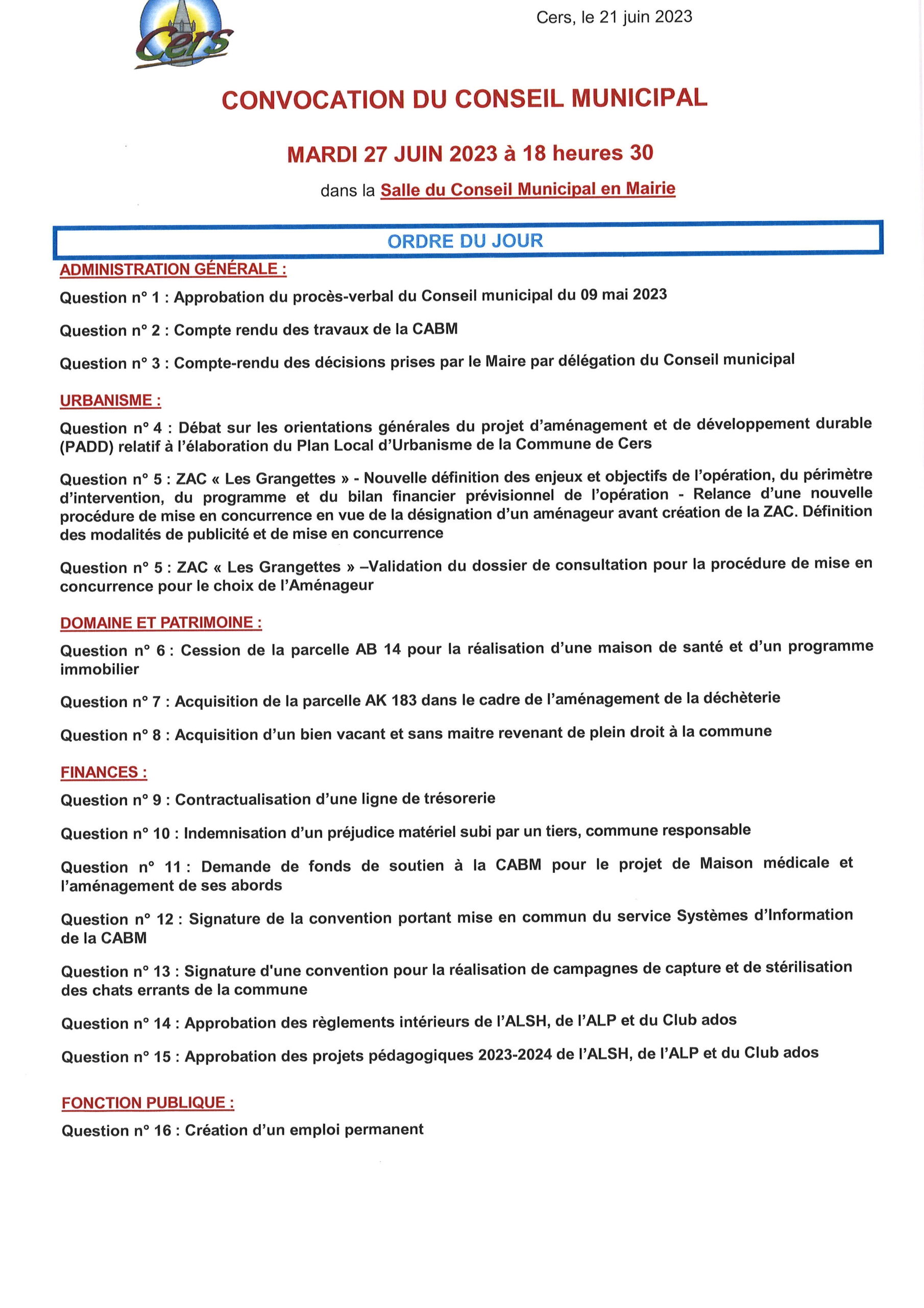 Lire la suite à propos de l’article Conseil municipal : 27 juin 2023