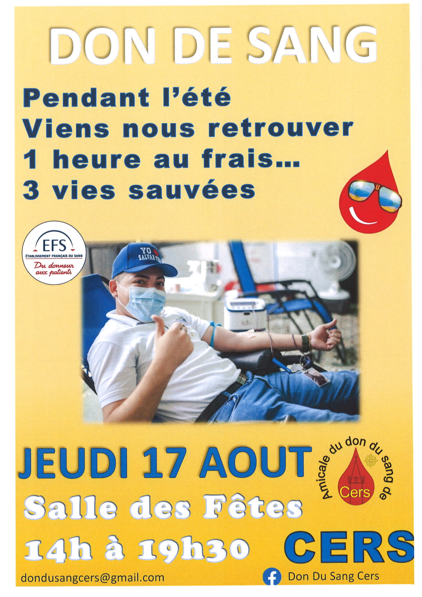 Don du sang collecte du 17 août 2023 Ville de Cers