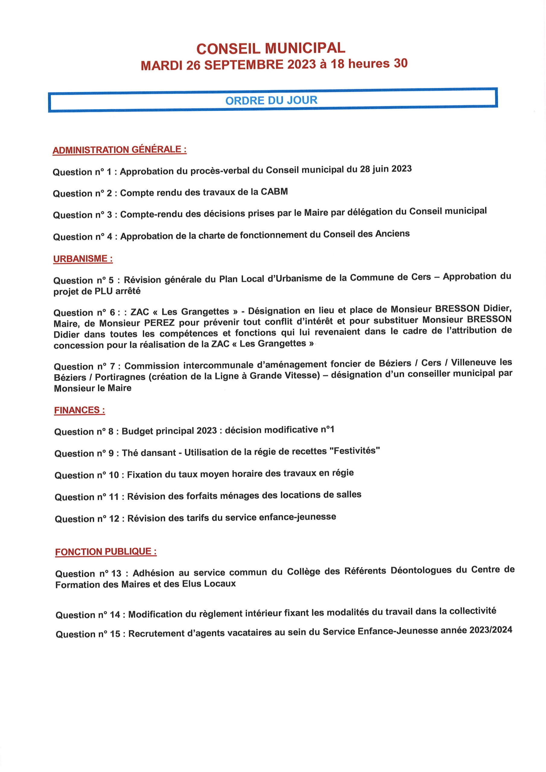 Lire la suite à propos de l’article Conseil municipal : 26 septembre 2023