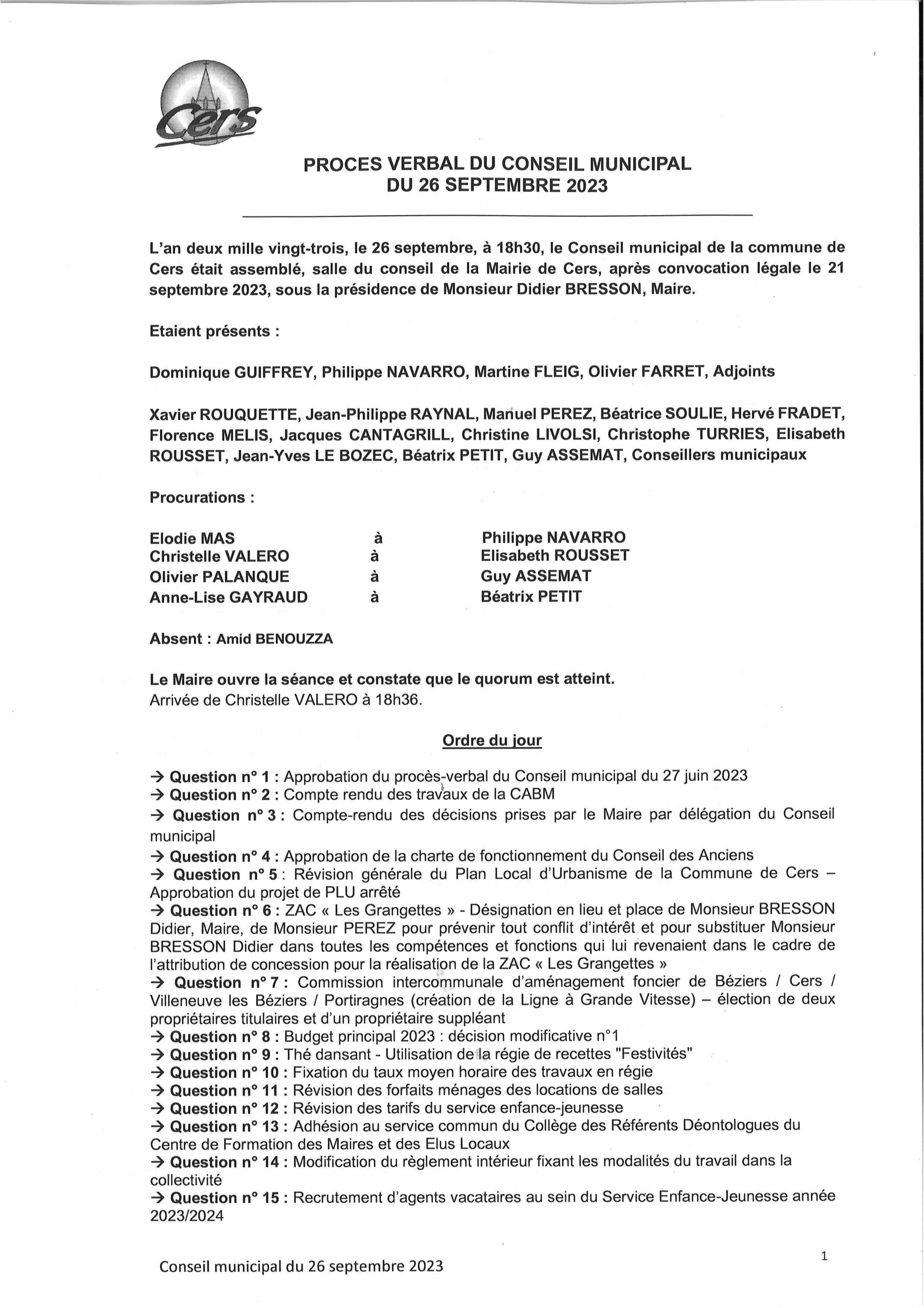 Lire la suite à propos de l’article Procès verbal du conseil municipal du 26/09/23