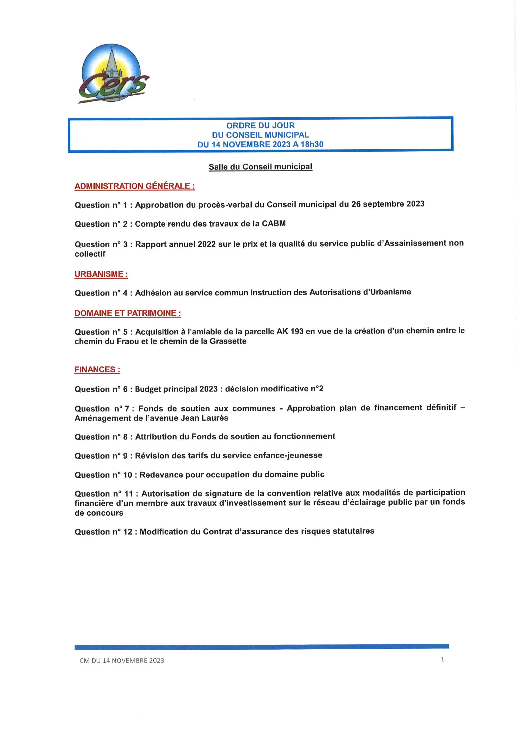 Lire la suite à propos de l’article Conseil municipal : 14 novembre 2023