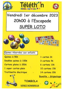 Lire la suite à propos de l’article Loto au profit du Telethon : 1er décembre à l’Escapade