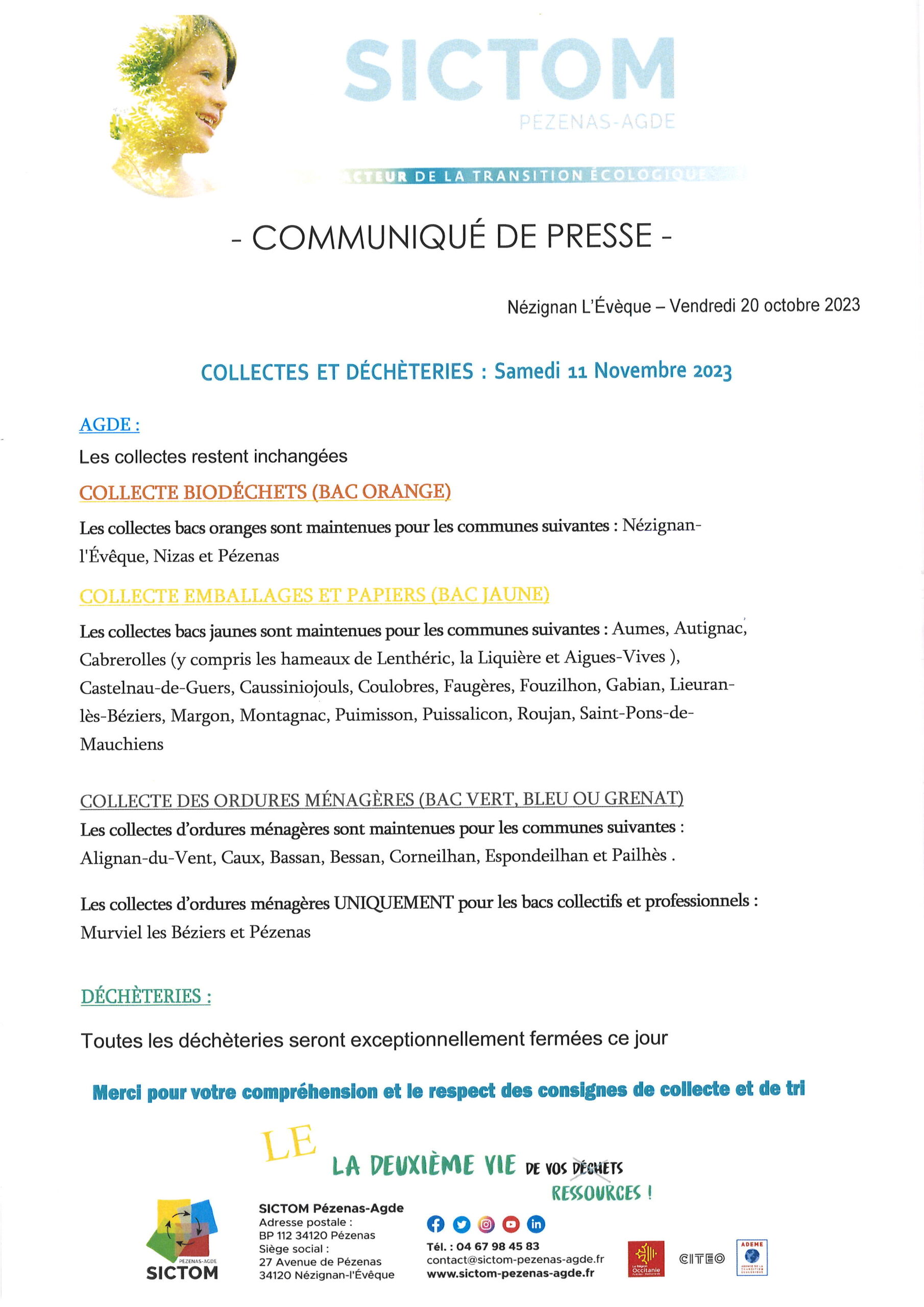 Lire la suite à propos de l’article Information SICTOM pour le 11 novembre 2023