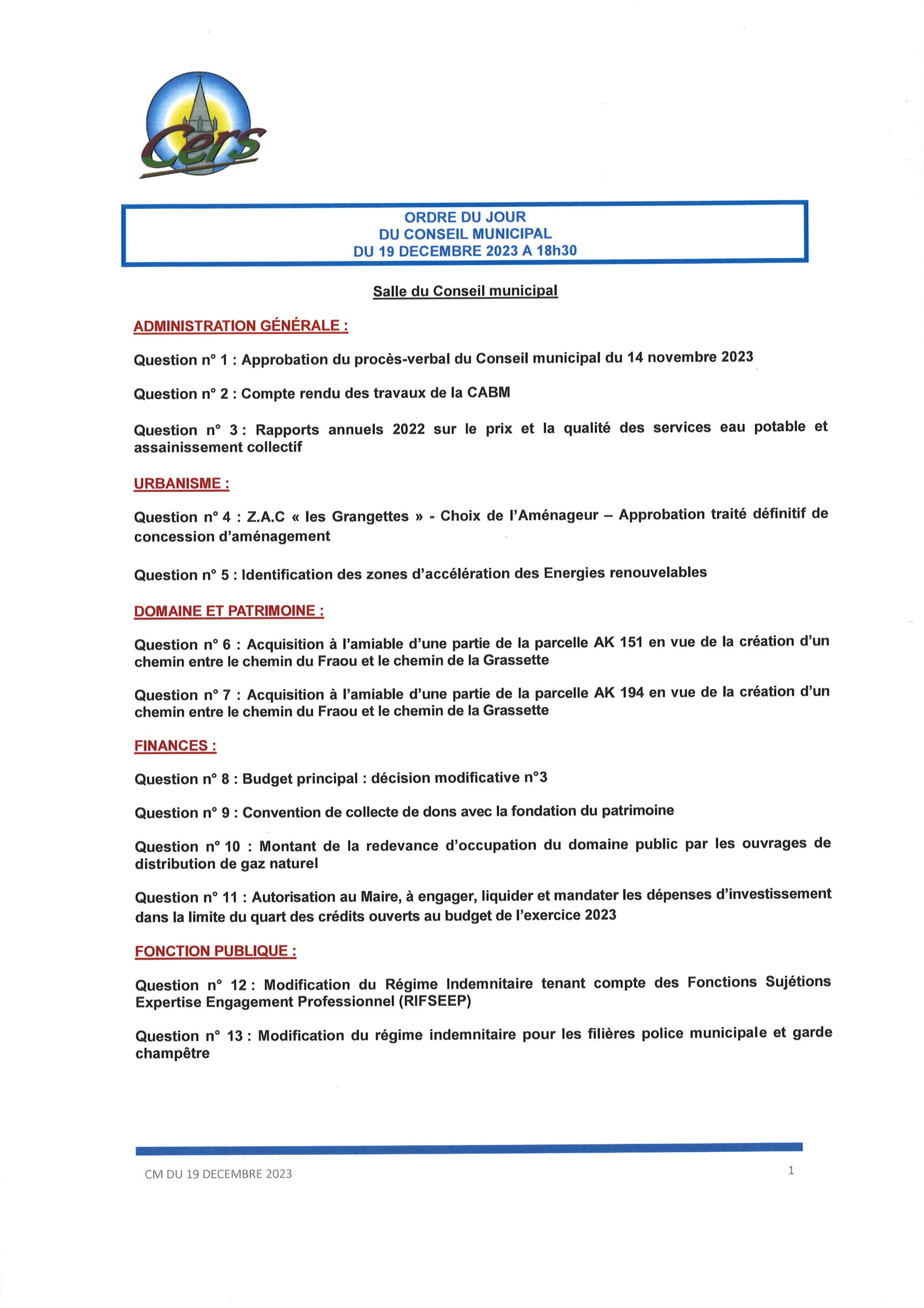 Lire la suite à propos de l’article Conseil municipal : 19 décembre 2023