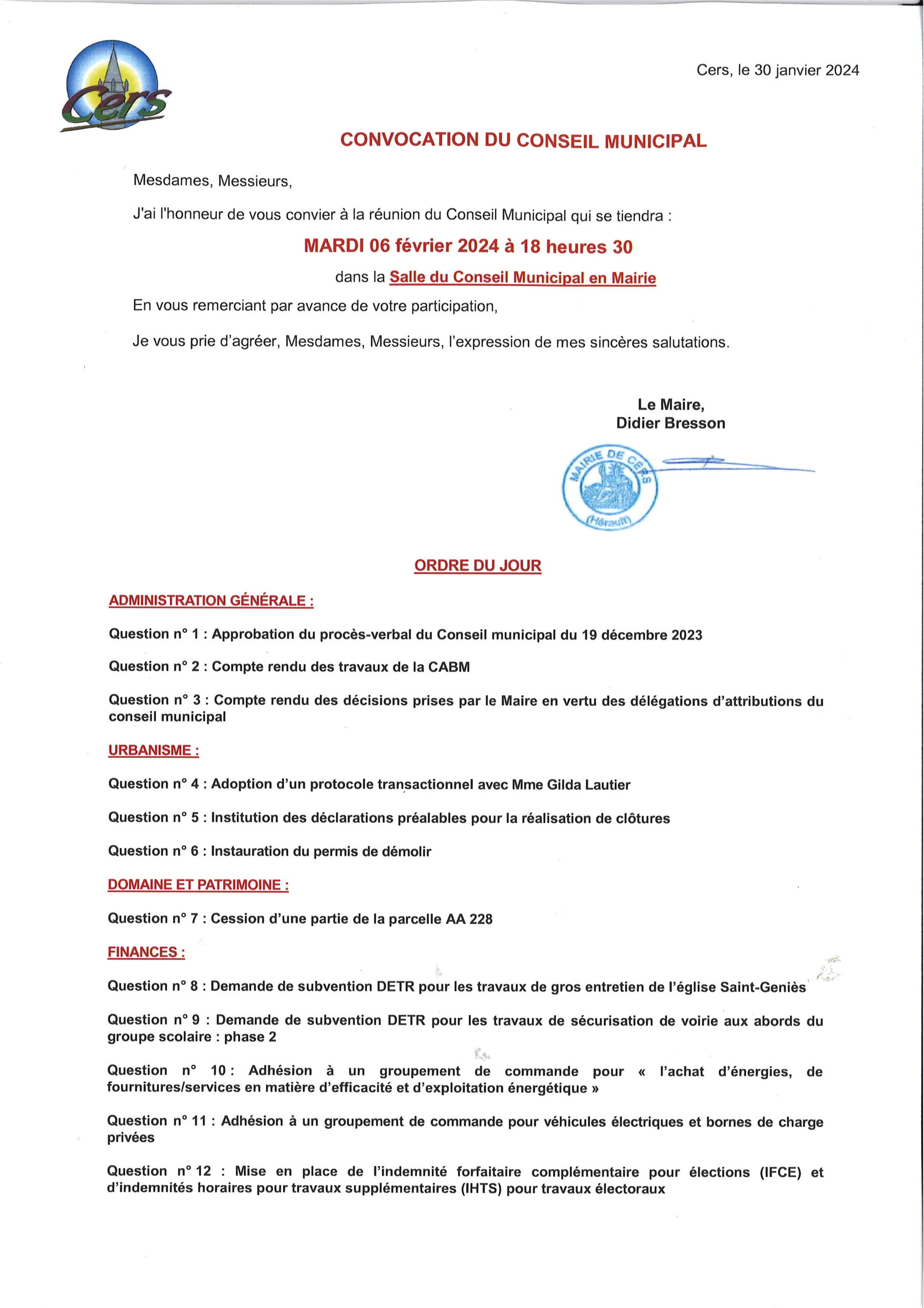 Lire la suite à propos de l’article Conseil municipal : 6 février 2024