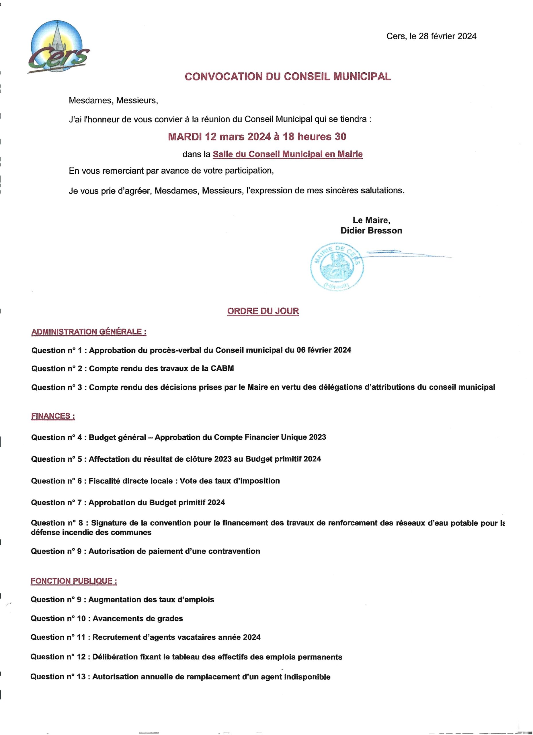 Lire la suite à propos de l’article Conseil municipal : 12 mars 2024