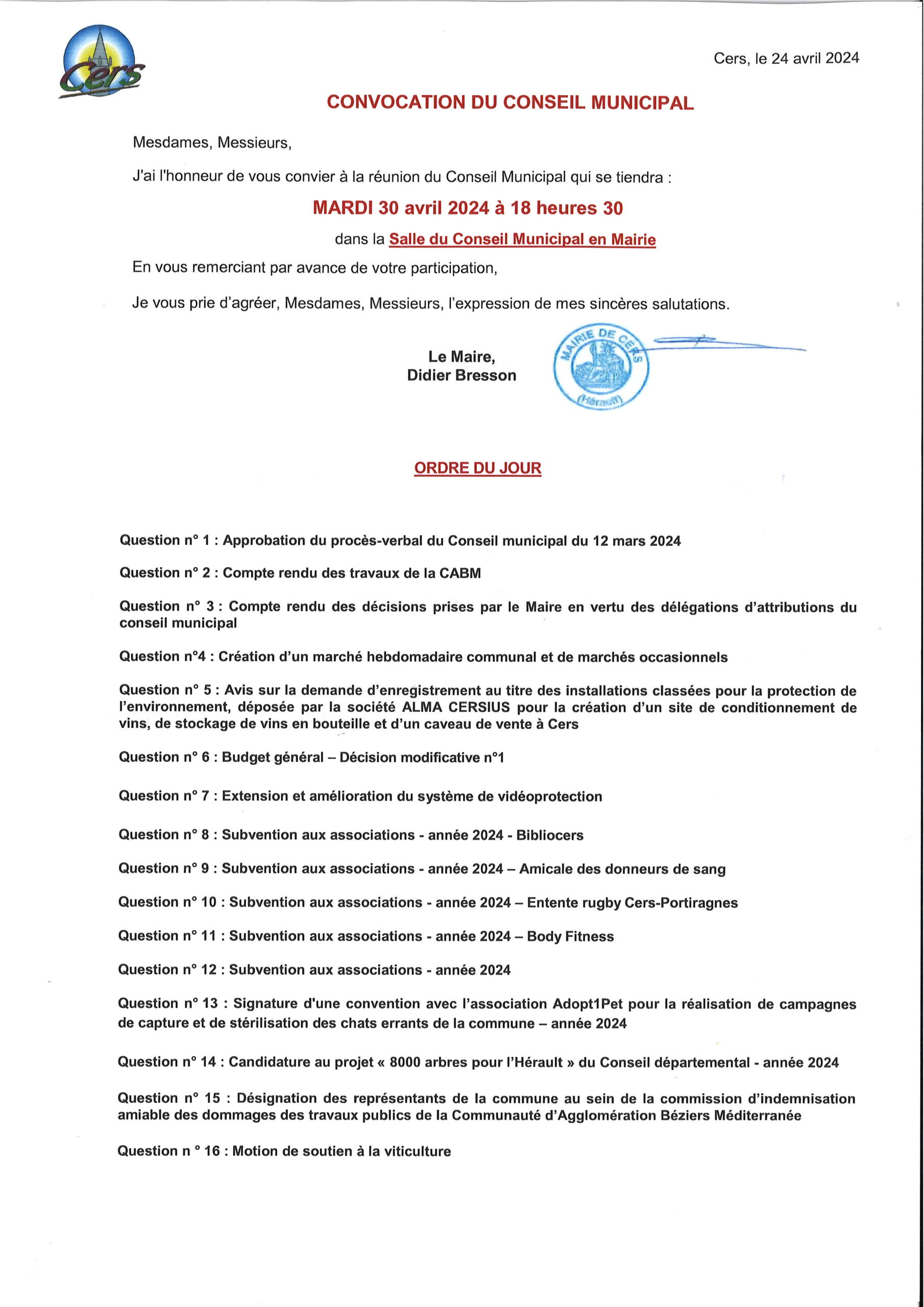 Lire la suite à propos de l’article Conseil municipal : 30 avril 2024