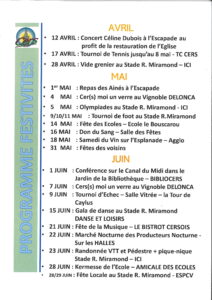 Programme des festivités avril/mai/juin