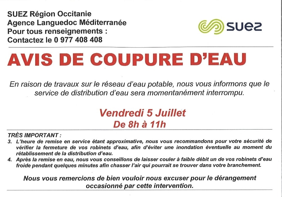 Lire la suite à propos de l’article SUEZ : avis de coupure d’eau vendredi 5 juillet 2024