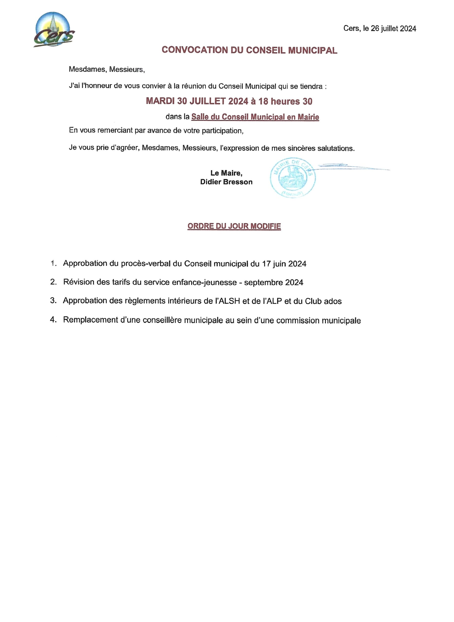 Lire la suite à propos de l’article Conseil municipal : 30 juillet 2024