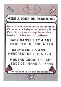 Danse et Loisirs – Modification planning rentrée 2025