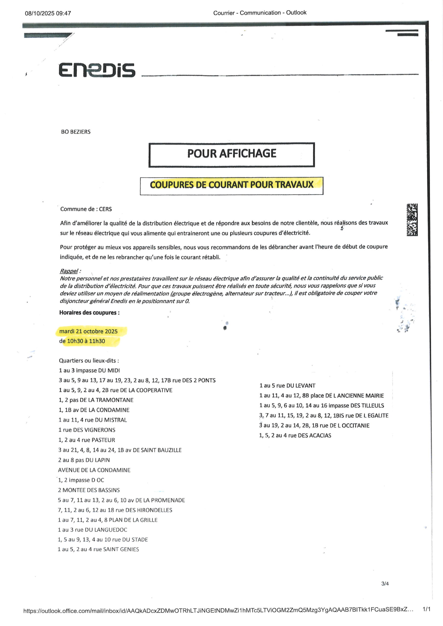 Lire la suite à propos de l’article Enedis : coupure de courant le 21 octobre 2025