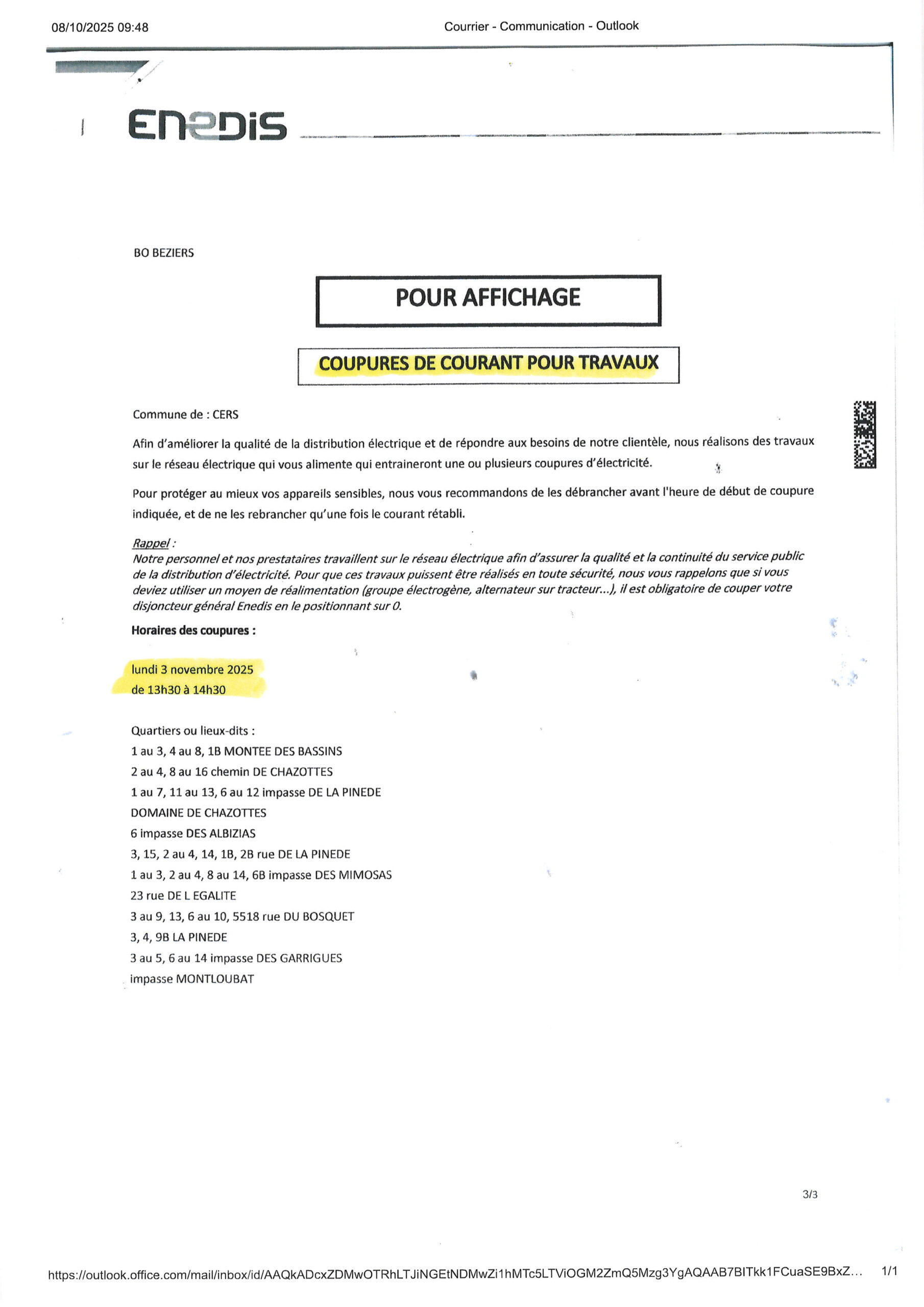 Lire la suite à propos de l’article Enedis : coupure de courant le 3 novembre 2025