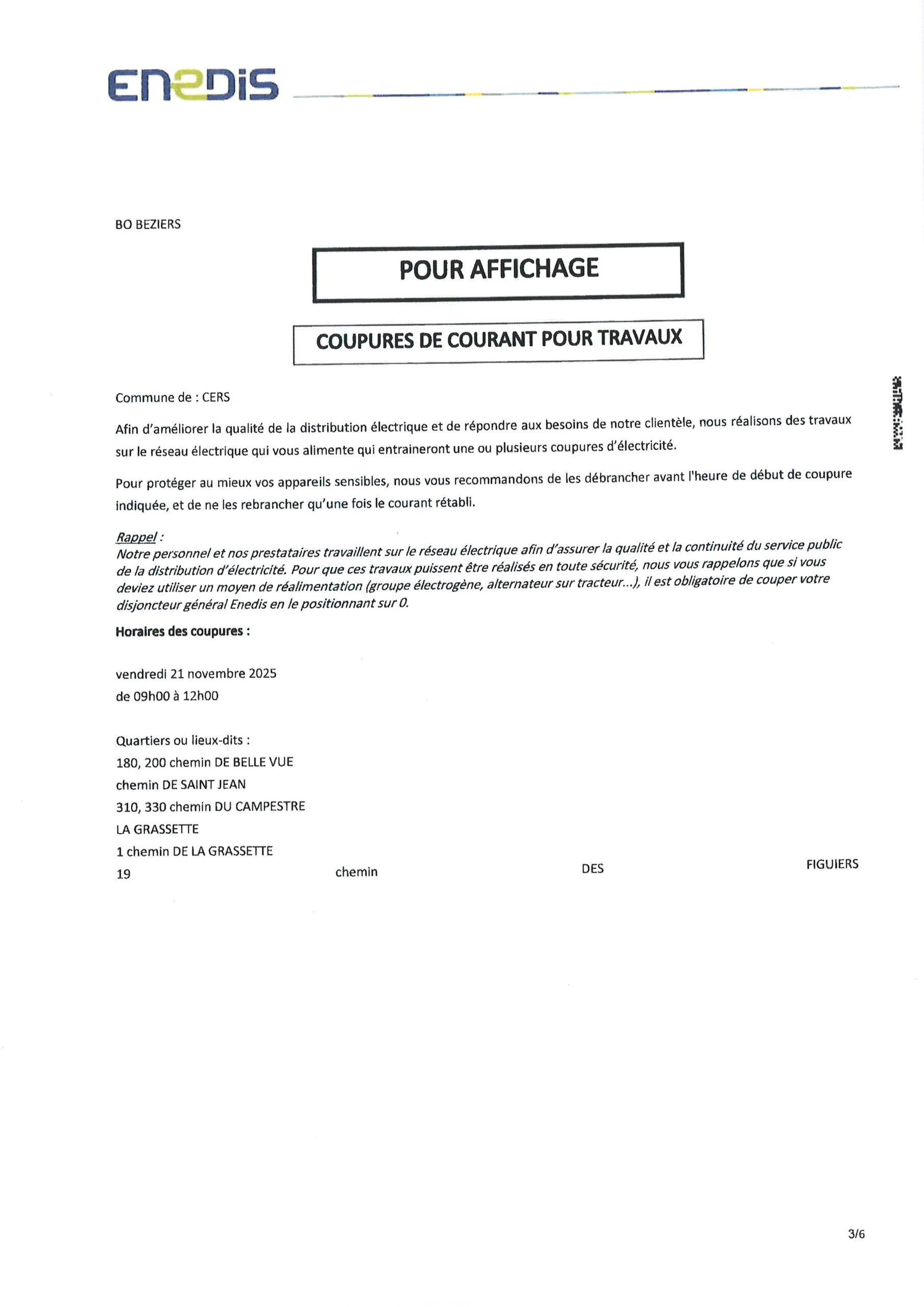 Lire la suite à propos de l’article Coupure ENEDIS du 21 novembre 2025